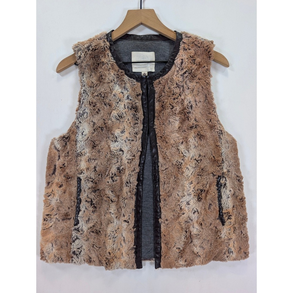 Burning Torch Faux Fur Vest Brown Tan Faux Leather Trim Pockets Womens Small
